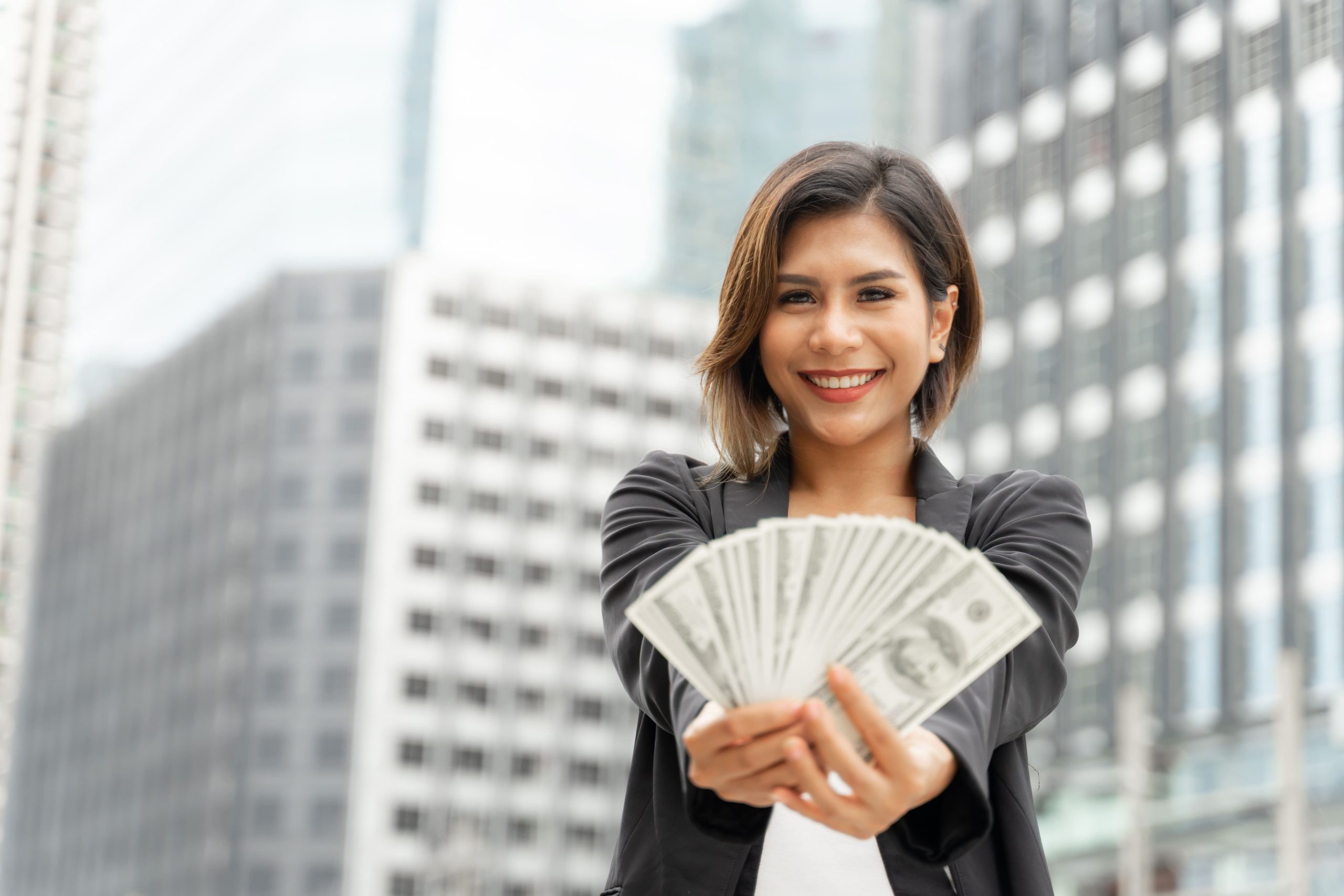 Successful Beautiful Asian Business Woman Holding Money Us Dollar Bills Hand Business Concept Scaled